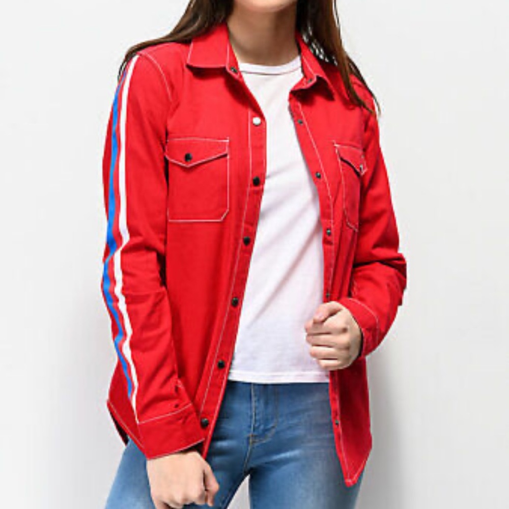 NWT Empyre Red Button Snap Down Work Shirt with Stripe Long Sleeves M
